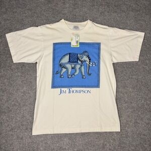 Jim Thompson Elephant Graphic Tee Mens Small Cream Blue Thai Art‎ T-Shirt NWT